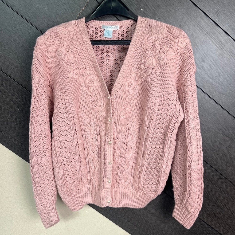 Jamie Scott Women's Floral Embroidered Cable Knit Cardigan Sweater Pink S VTG